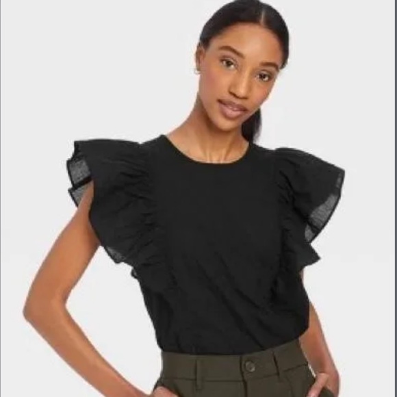 A New Day Flutter Sleeve Black Linen Top - Picture 1 of 7